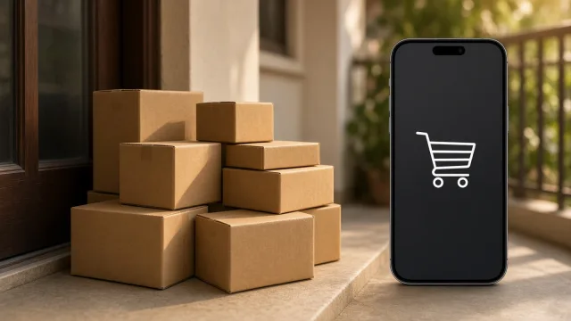 Cardboard delivery parcels at an apartment door beside a phone showing a shopping cart icon