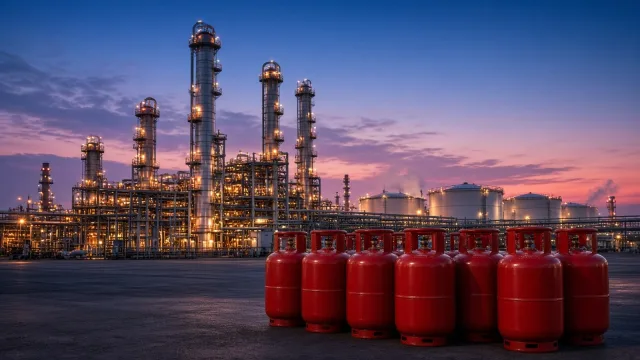 An oil refinery with lit distillation columns and storage tanks at twilight, with a row of red LPG cylinders in the foreground