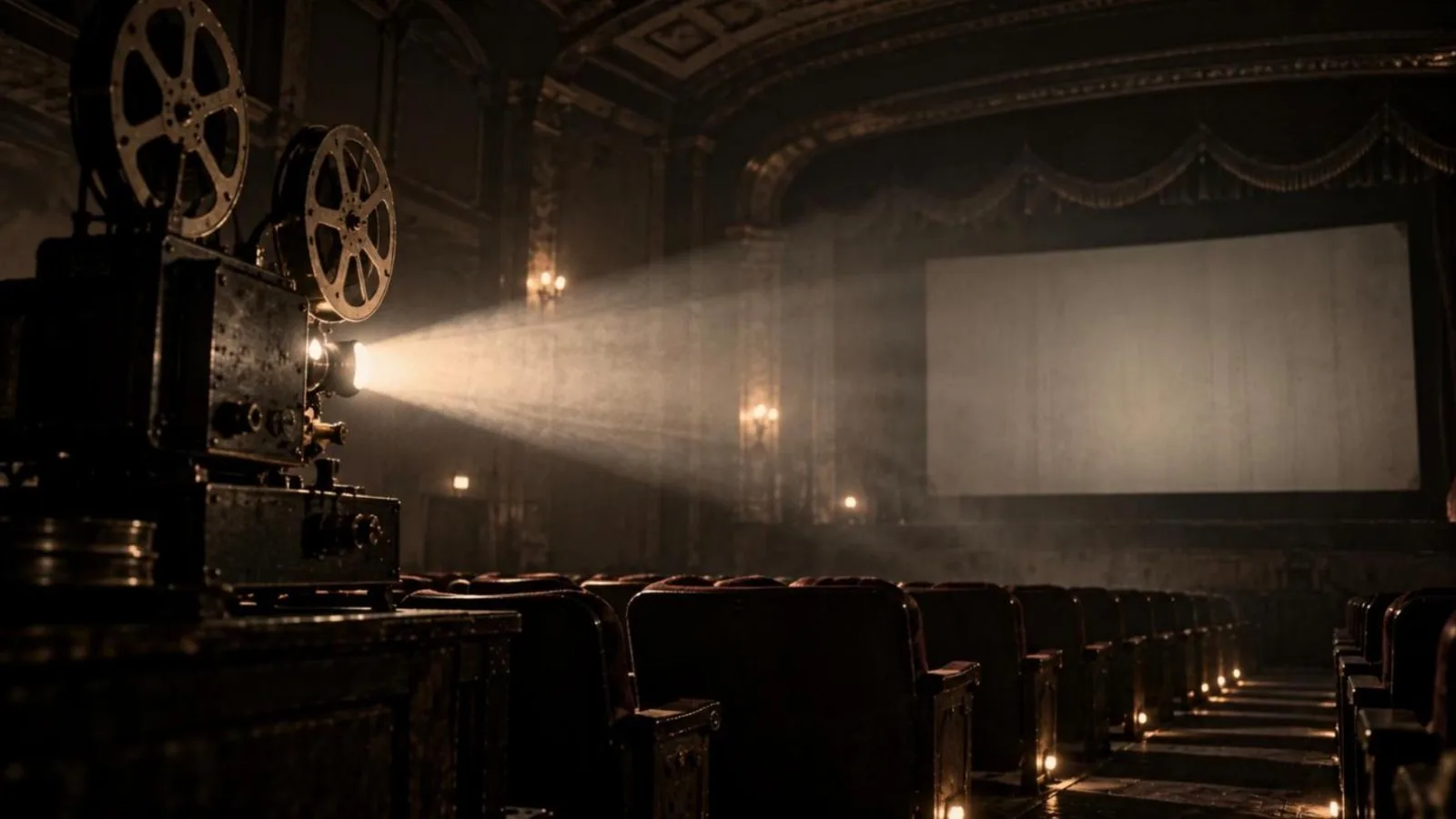 A beam of light from an old film projector cutting through haze in an empty vintage cinema hall