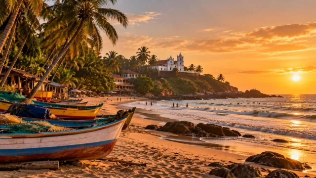 Golden-hour beach in South Goa with coconut palms, colourful fishing boats and a hilltop church