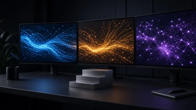 Three monitors showing abstract glowing data visualisations beside a stepped podium stand, illustrating a comparison of leading AI models