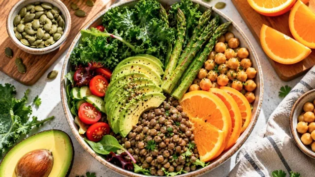 Bowl of kale, asparagus, avocado, lentils, chickpeas and orange slices with pumpkin seeds on a bright kitchen counter