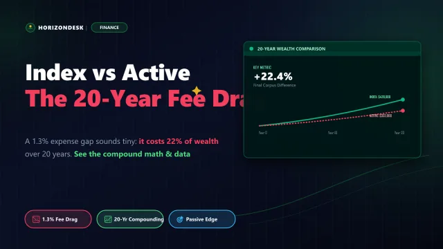 Banner comparing Index Funds vs Active Funds showing 20-year compound fee drag and portfolio growth curves