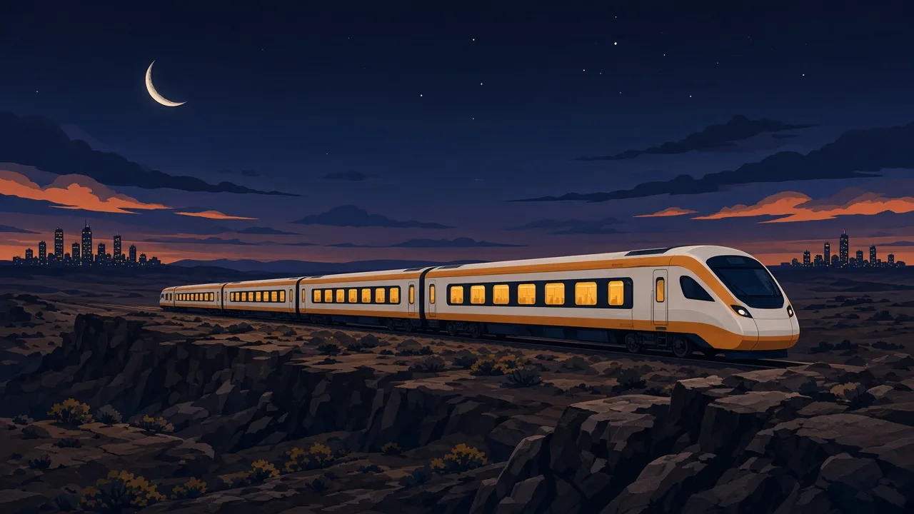 Illustration of a sleek sleeper train travelling overnight across the Deccan plateau between two city skylines