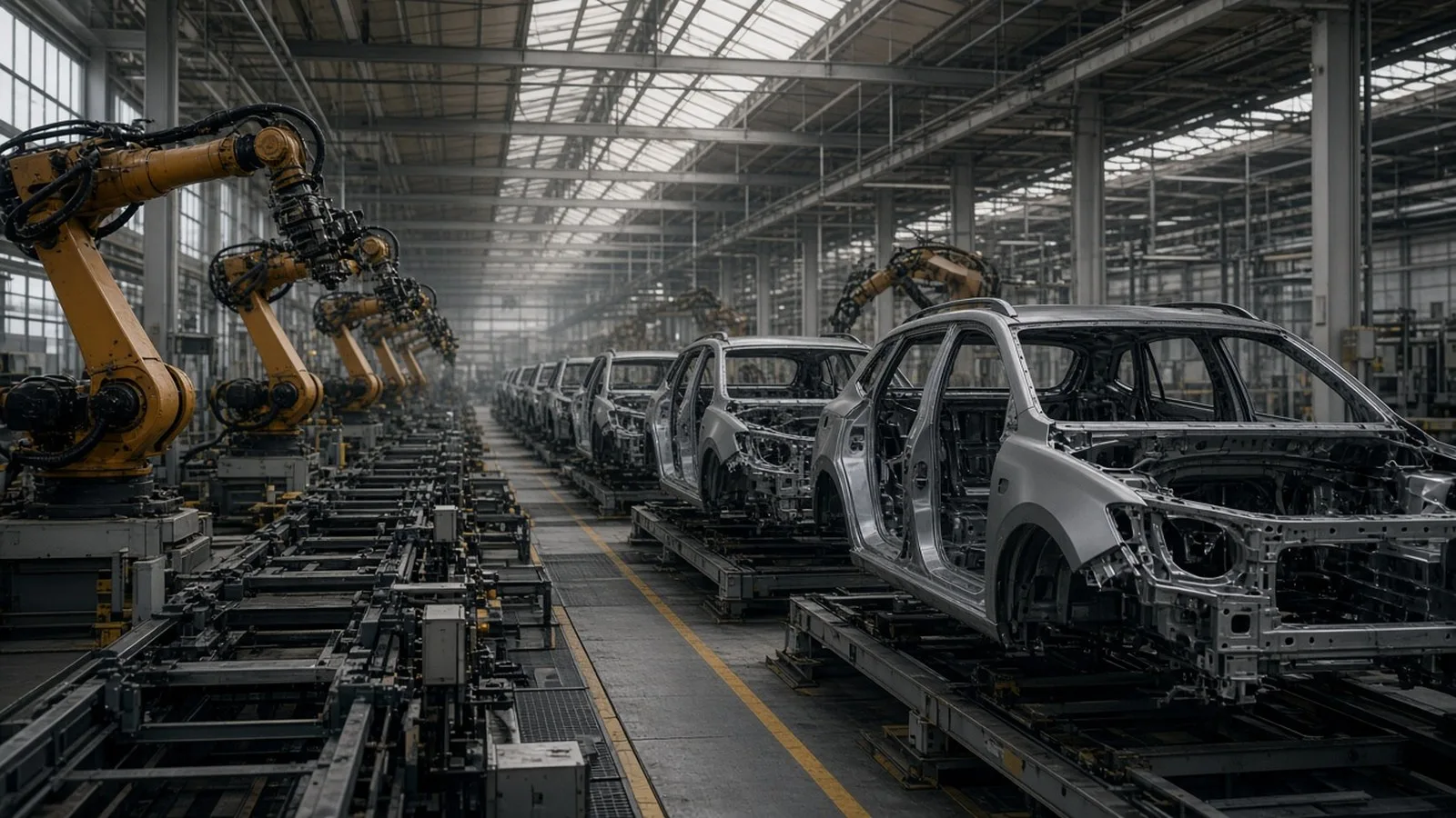 Unpainted car bodies moving along a factory assembly line flanked by yellow robotic arms