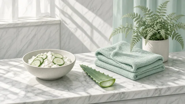 Editorial illustration of a bowl of curd, sliced cucumber, aloe vera leaves and a soft cotton towel on a marble counter