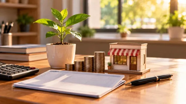 Sapling in a pot beside a stack of coins and a small model shop
