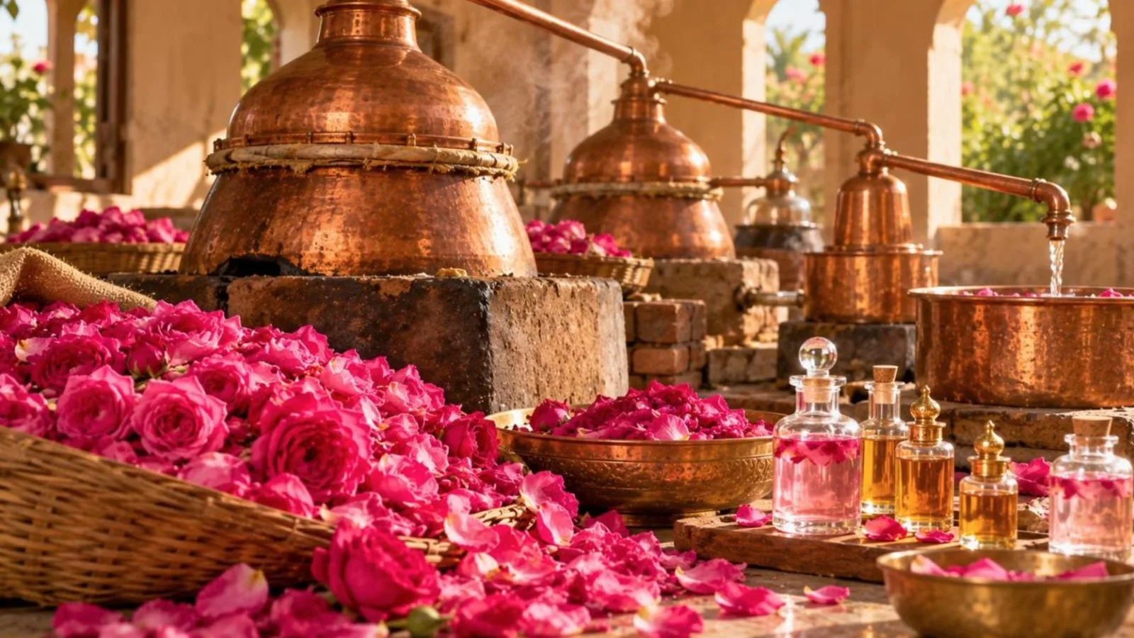 Copper distillation pots with a heap of pink roses and glass bottles of rose water and attar
