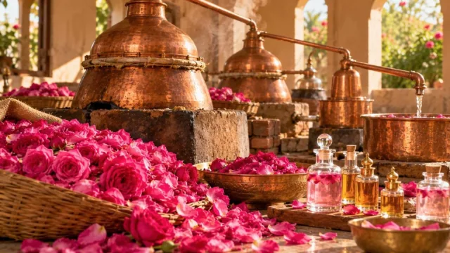 Copper distillation pots with a heap of pink roses and glass bottles of rose water and attar