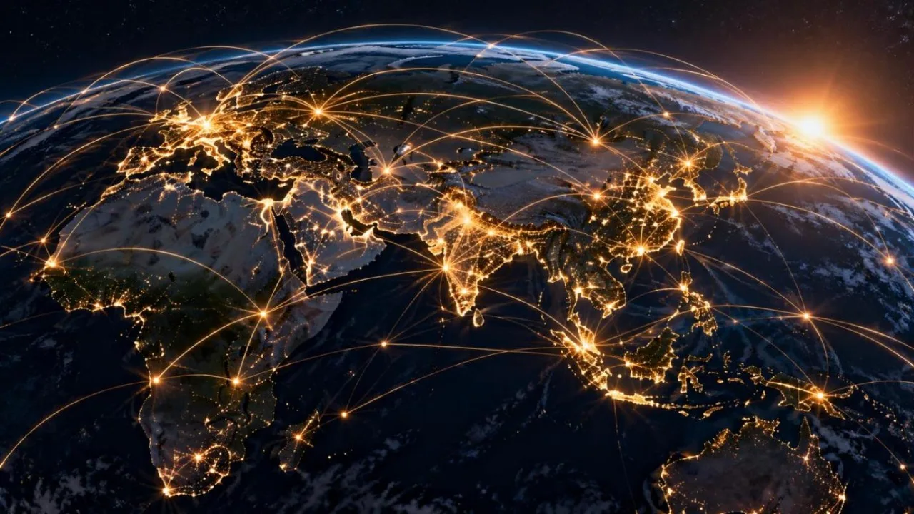 Glowing network of fibre optic light threads spreading across a dark globe at night