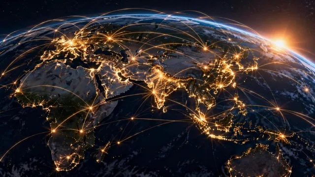 Glowing network of fibre optic light threads spreading across a dark globe at night
