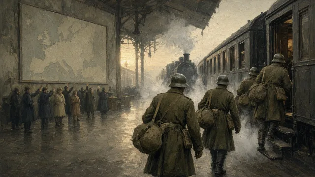 Soldiers boarding a steam train at a misty 1939 railway station, illustrating the outbreak of World War II