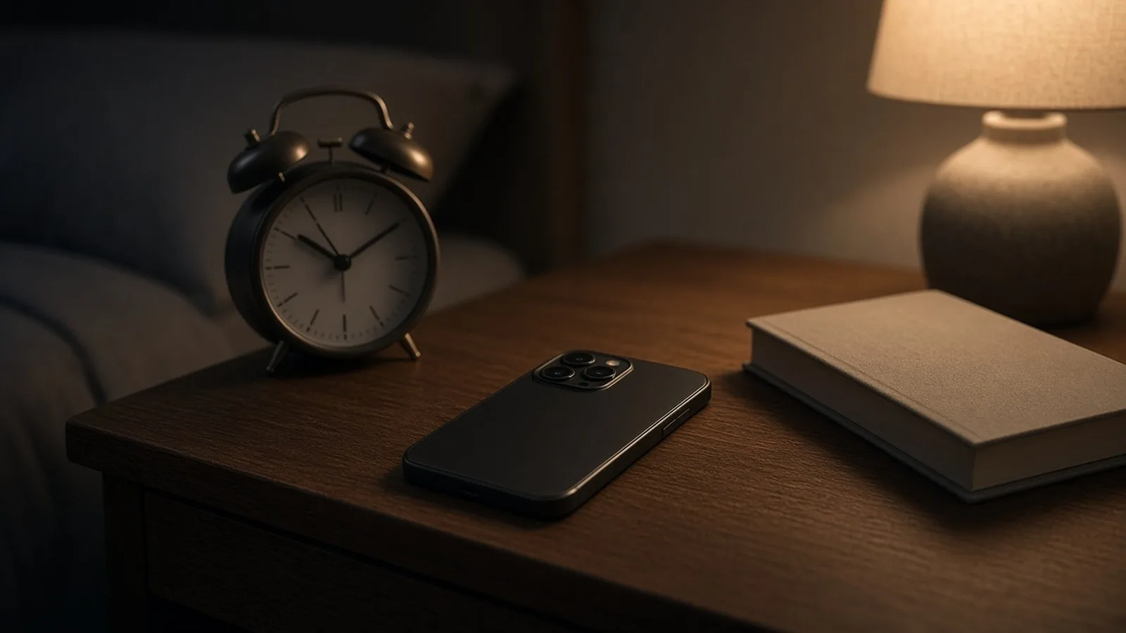 Smartphone face down on a bedside table beside an analogue alarm clock, a book and a warm lamp