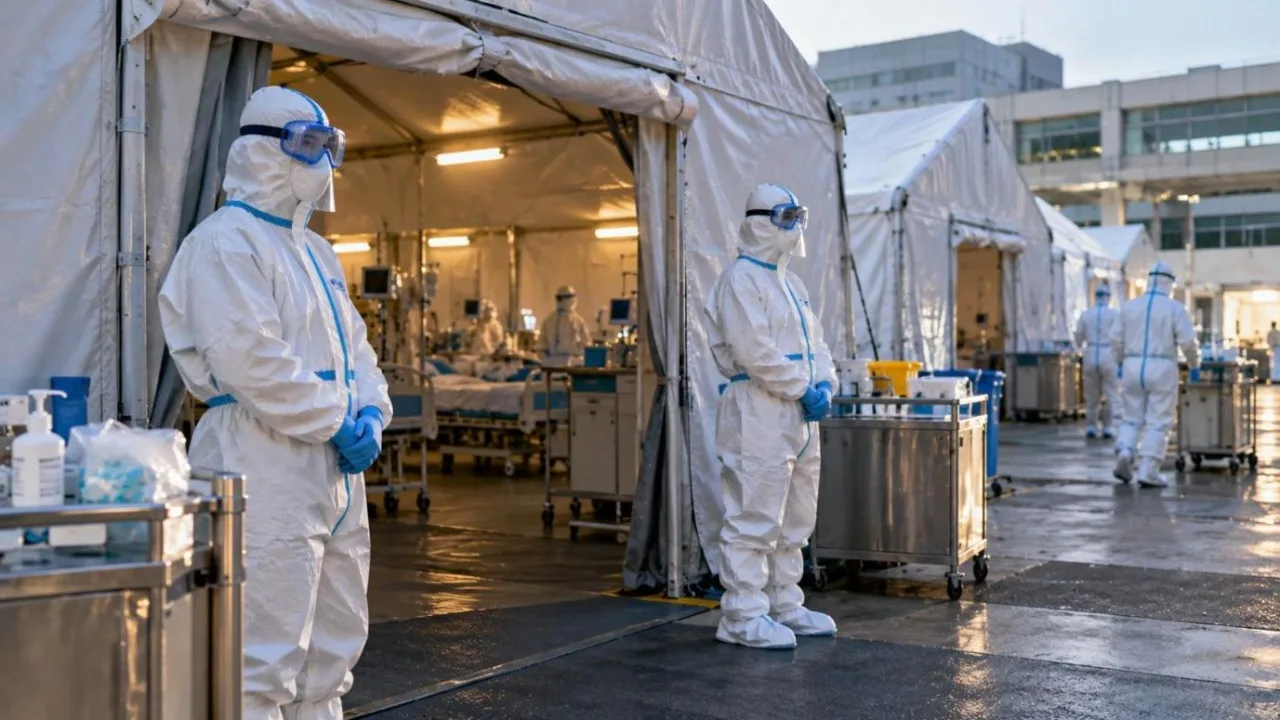 Health workers in full protective suits at an isolation ward entrance