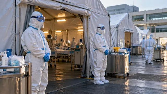 Health workers in full protective suits at an isolation ward entrance