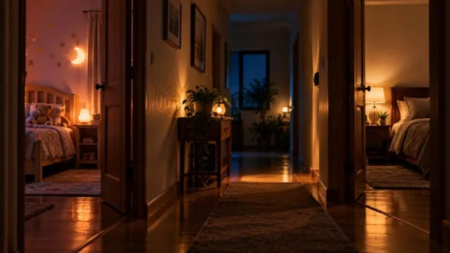 Family hallway at night with soft night lights and bedroom doors ajar in a calm warm glow