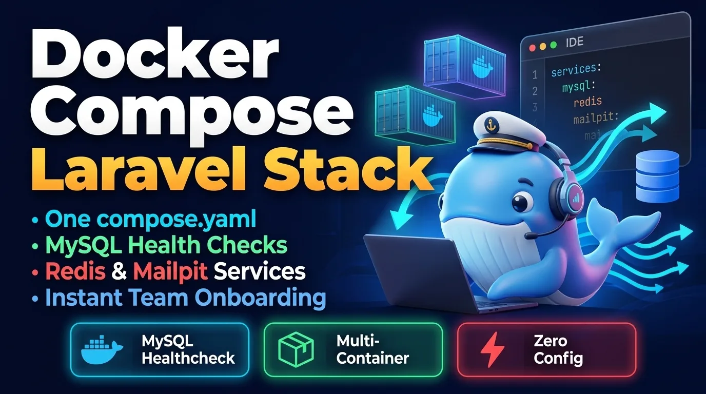 Banner for Laravel Docker Compose stack featuring multi-container orchestration, MySQL health checks, and Redis cache