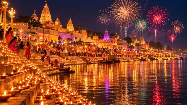 Ghats along the Saryu river in Ayodhya lit with lakhs of diyas during Deepotsav, with fireworks overhead