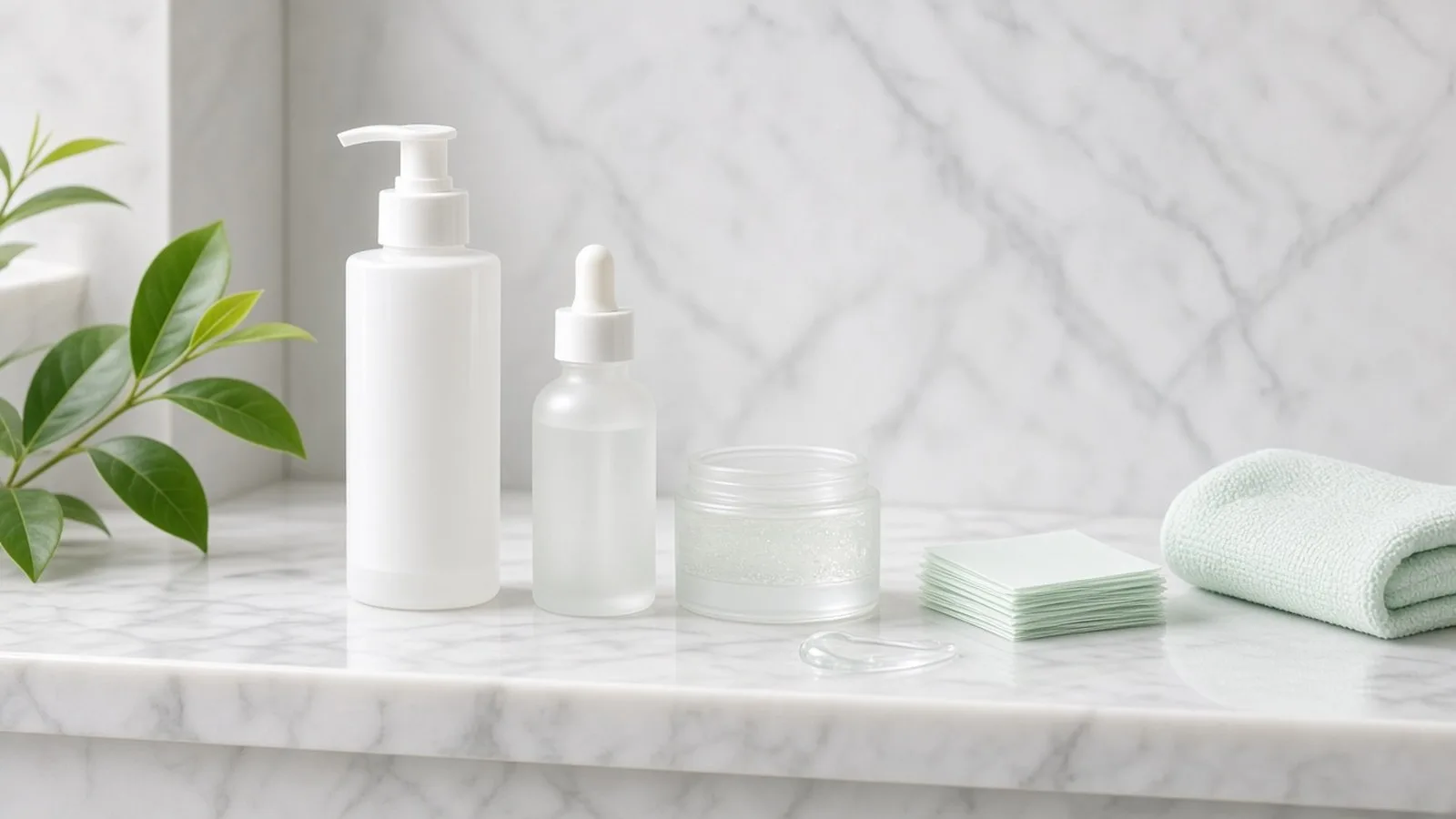 Unlabelled cleanser, serum and gel moisturiser with blotting papers and a mint towel on a white marble shelf