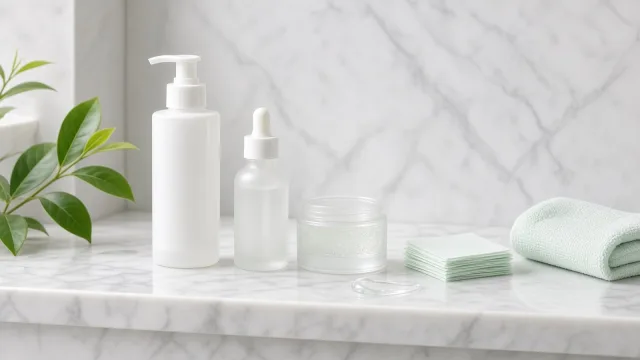 Unlabelled cleanser, serum and gel moisturiser with blotting papers and a mint towel on a white marble shelf
