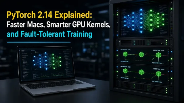 A sleek developer workspace displaying deep learning code on a laptop alongside performance benchmark graphs.