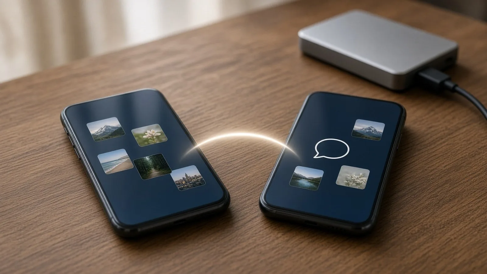 Two phones on a wooden table with a glowing arc between them and an external hard drive nearby
