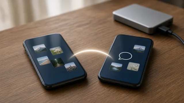 Two phones on a wooden table with a glowing arc between them and an external hard drive nearby
