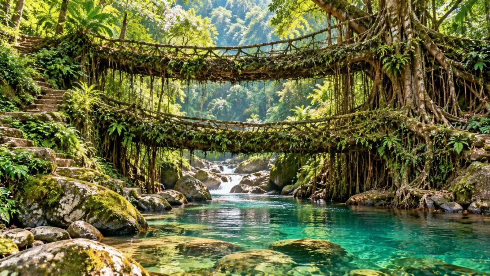 Double-decker living root bridge over a clear stream in a Meghalaya rainforest
