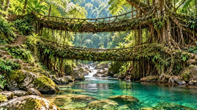 Double-decker living root bridge over a clear stream in a Meghalaya rainforest
