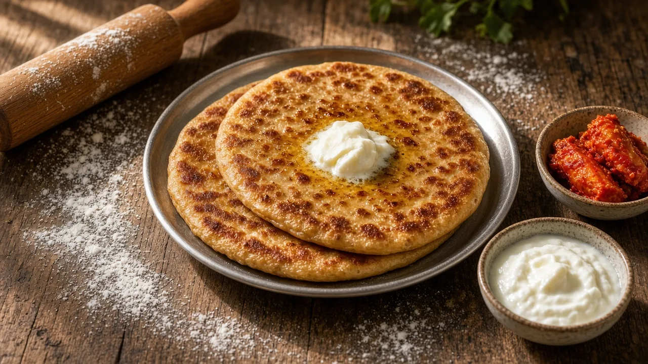 Food photo of golden aloo parathas on a steel plate with a dollop of white butter, curd and mango pickle