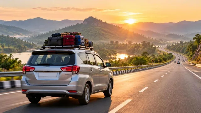 A silver MPV with luggage on the roof carrier driving on a highway through green hills at sunrise