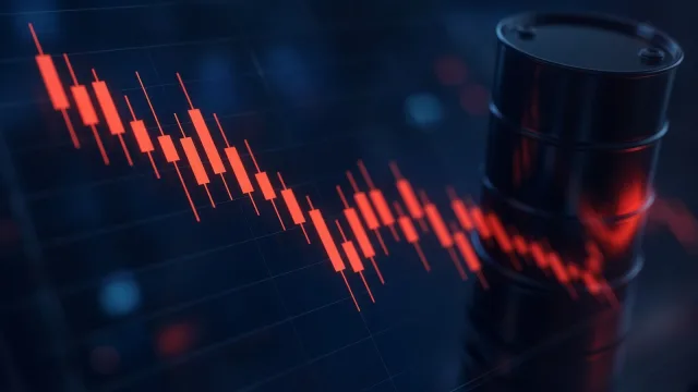 Red downward candlestick lines on a dark trading screen beside the reflection of a black oil barrel.