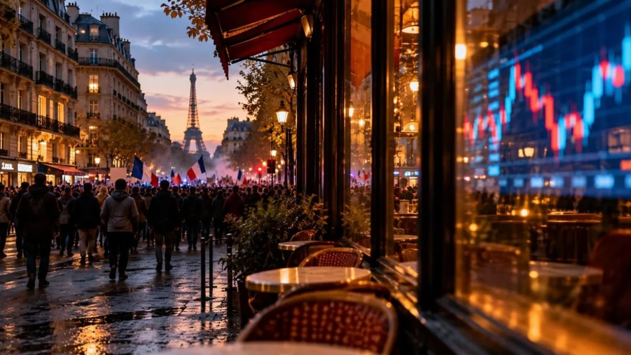 Paris street at dusk with a crowd of protesters carrying French flags and a market chart reflected in a cafe window