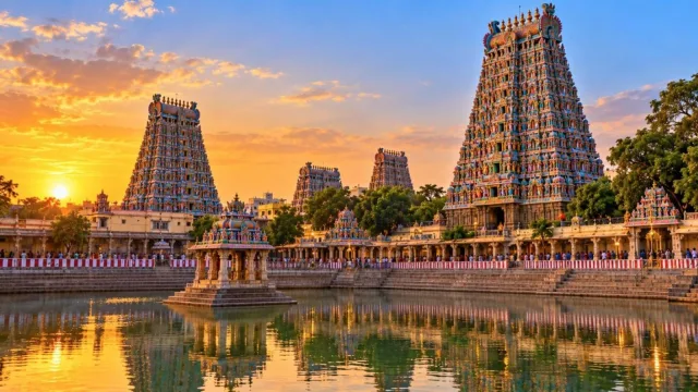 Colourful gopuram towers of the Meenakshi Amman Temple in Madurai at golden hour