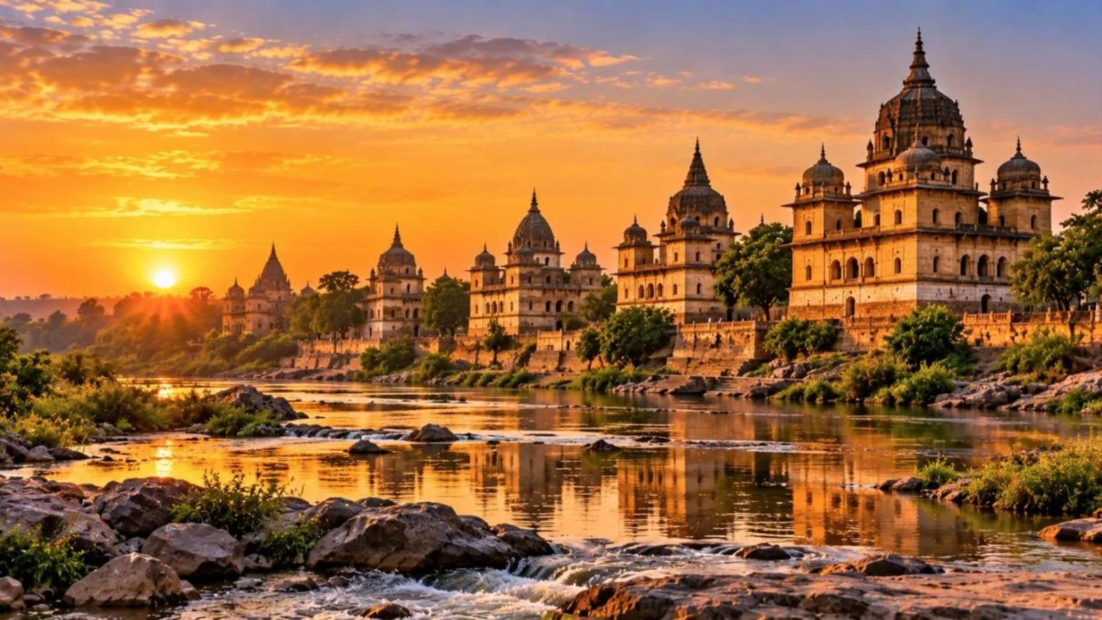 Riverside chhatris of Orchha on the Betwa river at sunset