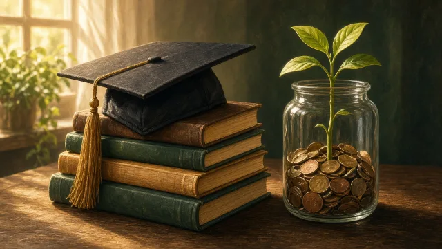 Editorial illustration of a graduation cap resting on a stack of books beside a jar of coins