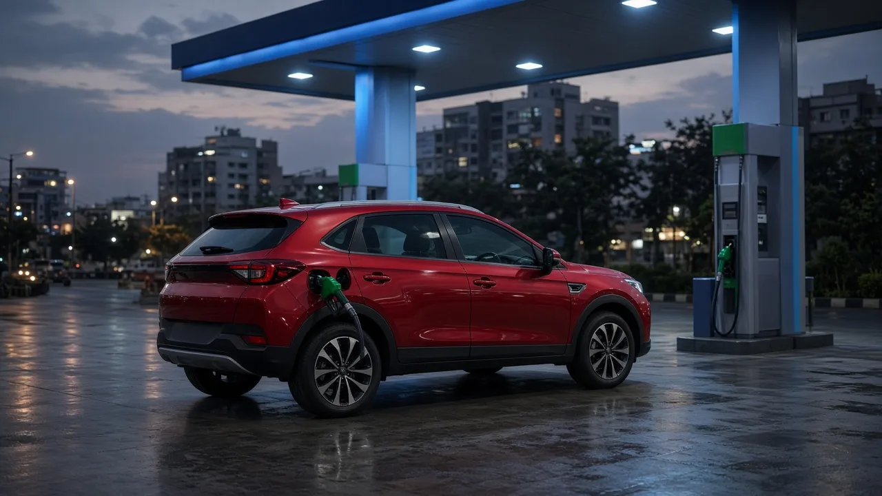 A compact SUV parked at a CNG fuel station at dusk, illustrating the launch of the Mahindra XUV 3XO ZNG CNG
