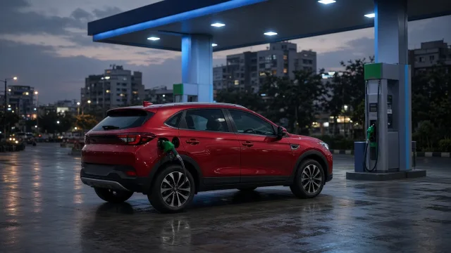 A compact SUV parked at a CNG fuel station at dusk, illustrating the launch of the Mahindra XUV 3XO ZNG CNG
