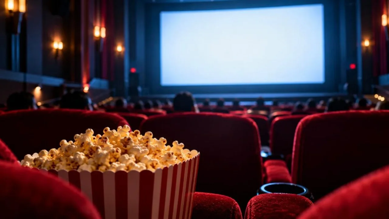 Dark cinema auditorium with red seats, a glowing screen and a popcorn box
