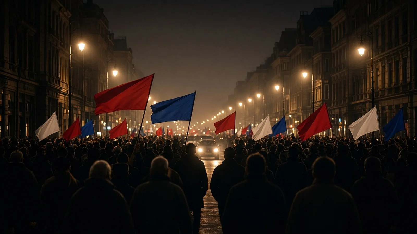 A distant crowd of silhouetted people waving plain red, blue and white flags on a city street at night under warm streetlights