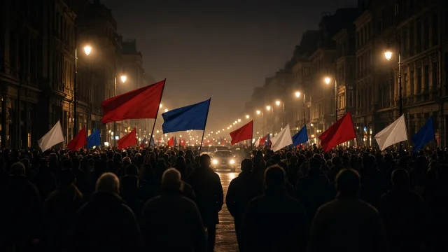 A distant crowd of silhouetted people waving plain red, blue and white flags on a city street at night under warm streetlights