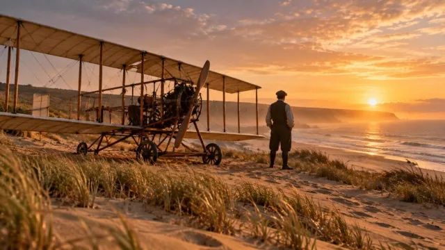 Early wooden biplane on windswept sand dunes by the sea at dawn