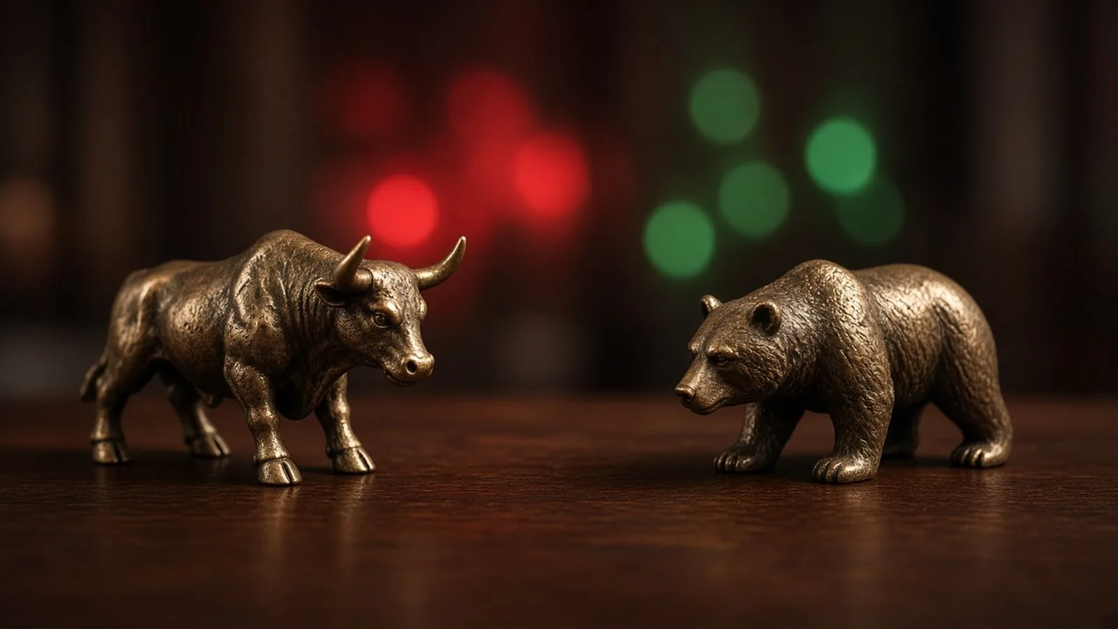 Bronze bull and bear figurines facing each other on a dark wooden desk against blurred red and green lights