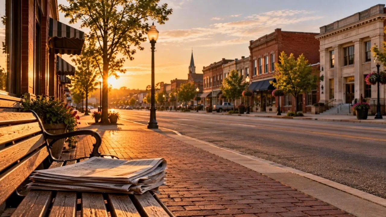 Quiet Midwestern town main street at sunrise with brick buildings and newspapers on a bench