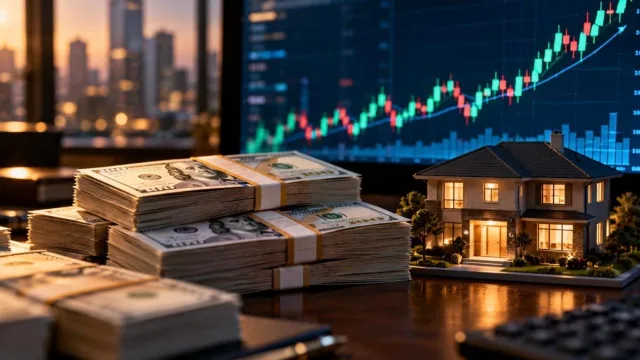 Stack of US dollar bills and a rising chart on a trading screen beside a model house