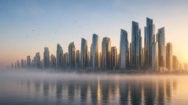 A modern seaside financial district skyline at sunrise, glass towers catching golden light over calm, misty water