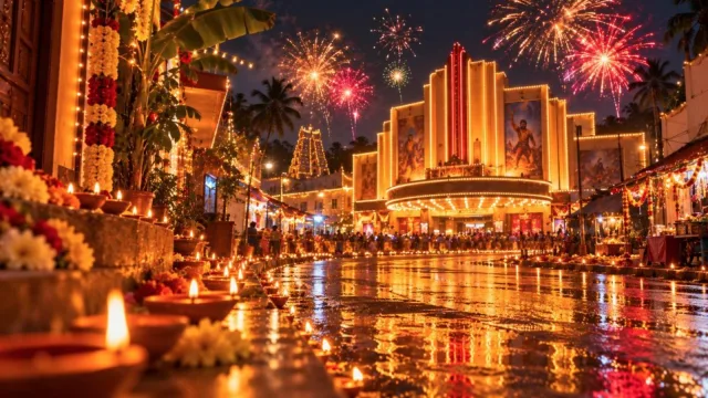 A Tamil Nadu street at night with oil lamps, fireworks and an old single-screen cinema glowing behind