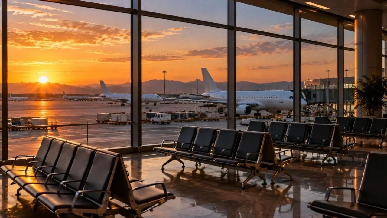 An empty airport departure gate with aircraft parked outside at dusk