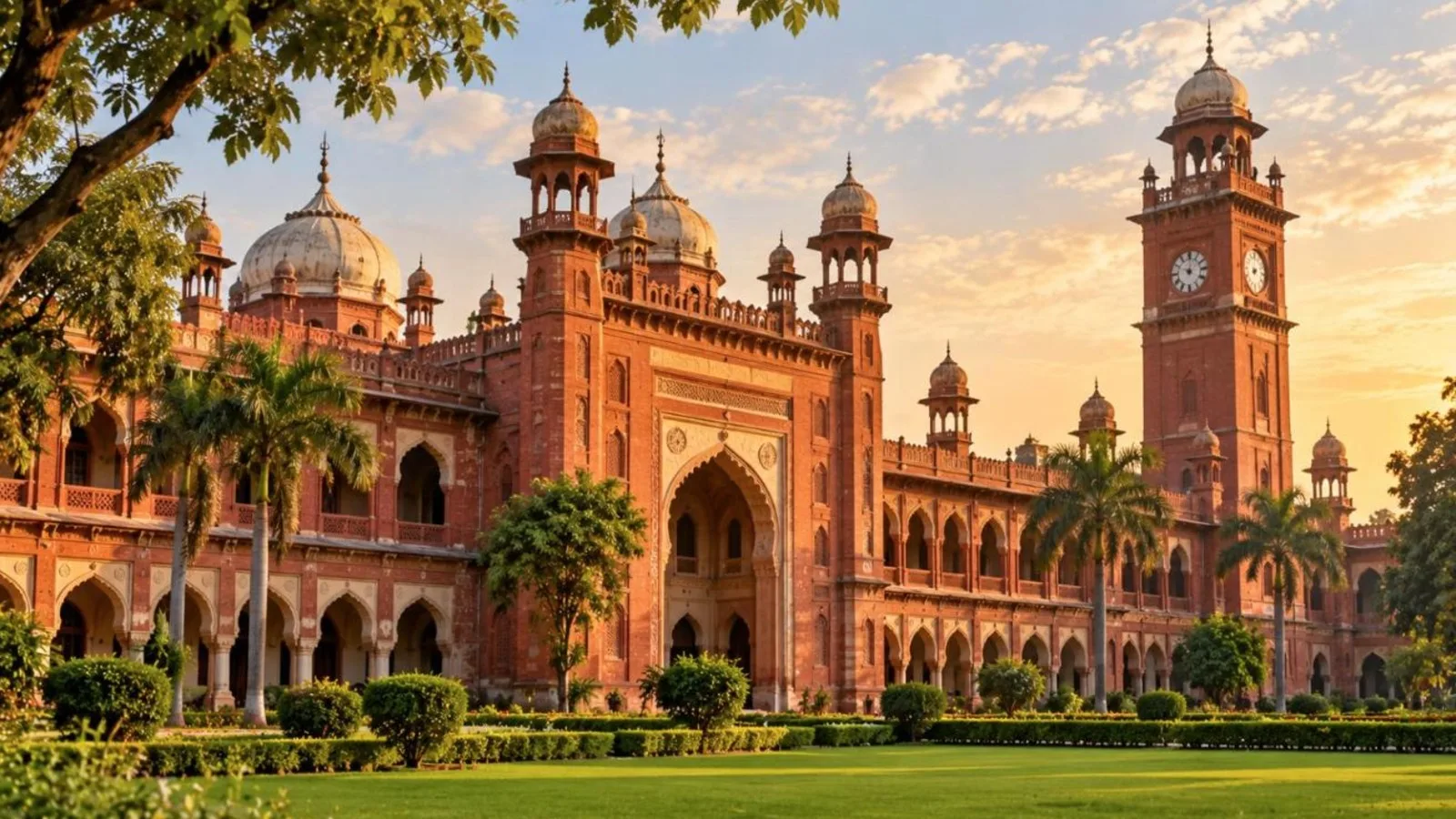 A historic red-brick Indo-Islamic college building with arches and a clock tower in Aligarh