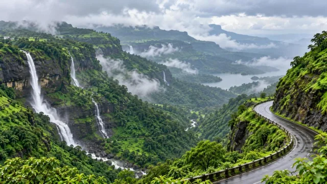 Green Western Ghats valley near Lonavala with waterfalls and clouds